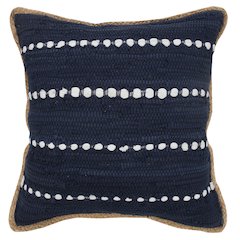 Navy Blue and White Striped Jute Bordered Throw Pillow