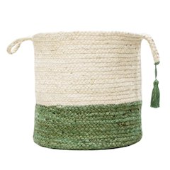 Baskets Jute Indoor Basket in White/Green, 19" x 19" x 19"