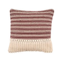 Striped Maroon Fringed Throw Pillow