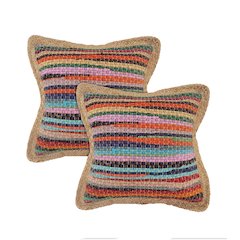 Riley Cotton and Jute Pillow Set of 2 in Blue/Orange, 20" x 20"
