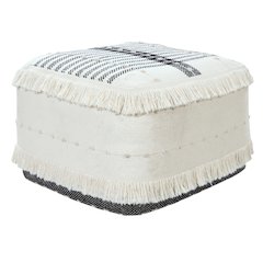 Monarch Cotton Indoor Pouf in White/Black, 18" x 18" x 14"