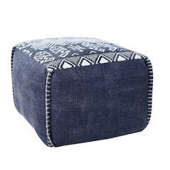 Pacifica Cotton Indoor Pouf in Blue/White, 18" x 18" x 14"
