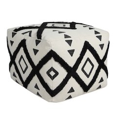 Avant-garde Cotton Indoor Pouf in White/Black, 18" x 18" x 14"