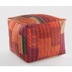 Kantha Cotton and Silk Pouf Indoor in Red/Orange 24" x 24" x 20"