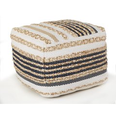 Spruce Jute Blend Indoor Pouf in Tan/Blue, 18" x 18" x 14"