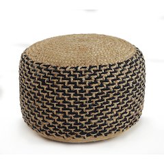 Tan/Black Geometric Hand-Woven All-Natural Jute Blend Ottoman Pouf