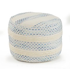 Blue/Cream Striped Hand-Woven Cotton Blend Ottoman Pouf