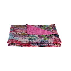 Pink Patchwork Hand-Stitched One-of-a-Kind Cotton Kantha Throw Blanket