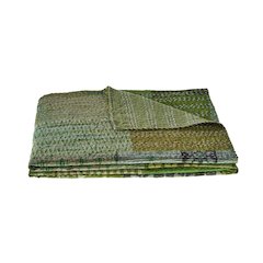 Green Patchwork Hand-Stitched One-of-a-Kind Cotton Kantha Throw Blanket