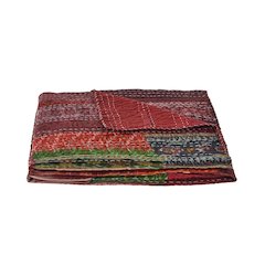 Crimson Patchwork Hand-Stitched One-of-a-Kind Cotton Kantha Throw Blanket