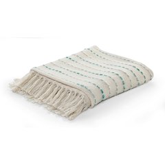 Cream/Turquoise Striped Hand-Woven Cotton Blend Throw Blanket