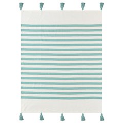 Aqua Blue/White Striped Hand-Woven All-Natural Cotton Throw Blanket