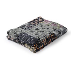 Gray Patchwork Hand-Stitched One-of-a-Kind Cotton Kantha Throw Blanket