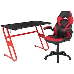 Red Gaming Desk and Red/Black Racing Chair Set with Cup Holder and Headphone Hook