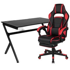 Black Gaming Desk with Cup Holder/Headphone Hook/2 Wire Management Holes & Red Reclining Back/Arms Gaming Chair with Footrest