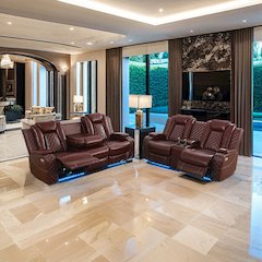 2 Pieces Faux Leather Power Recliner Sofa With Led, Cup Holder And Storage