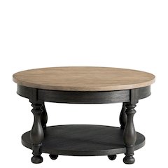 Brown Round Cocktail Table, Poplar Ash Veneer, V-Grooves Top, Lower Shelf