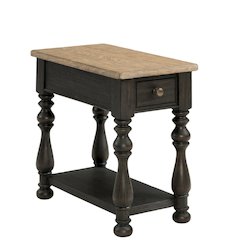Brown Chairside Table, Poplar Ash Veneer, V-Grooves, Drawer, Fixed Shelf