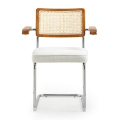 Set of 2 White Boucle Fabric Dining Chair Rattan Backrest and Chrome Legs