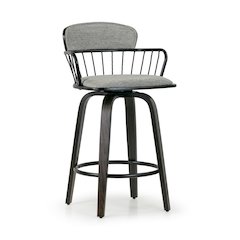 Set of 2 Baker Gray Fabric Counter Stool with Black Iron Back and Wood Legs