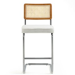 Set of 2 White Boucle Fabric Counter Stool Rattan Backrest and Chrome Legs
