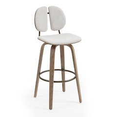 Set of 2 Beige Washed Woven Fabric Swivel Bar Stool White Washed Wood Legs
