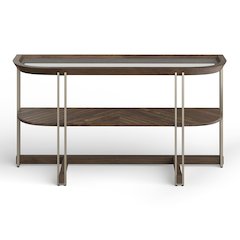 Elora Walnut And Tarnished Silver And Clear Glass Demilune Sofa Table