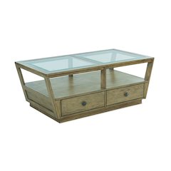 Hardison Warm Stone And Clear Glass Rectangular Cocktail Table With Casters