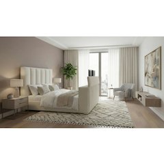 Serenity Crema Queen Bed With Speaker, Tv Lift And Fireplace