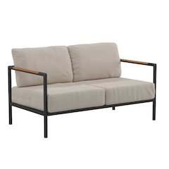 Indoor/Outdoor Patio Loveseat with Cushions-Modern Aluminum Framed Loveseat with Teak Accent Arms, Black with Beige Cushions