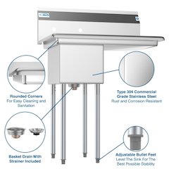 31 in. One Compartment Sink with Drainboard, Bowl Size 12" x 16" x 10"