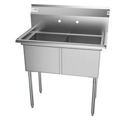 36 in. Two Compartment Stainless Steel Commercial Sink, Bowl Size 15"x 15"x 12"