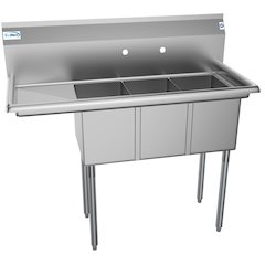 45 in. Three Compartment Sink with Drainboard, Bowl Size 10"x 14"x 10"