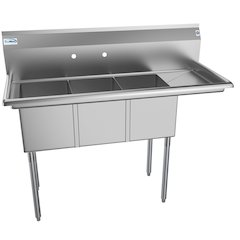 51 in. Three Compartment Sink with Drainboard, Bowl Size 12"x 16"x 10"