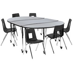 Mobile 76" Oval Wave Flexible Laminate Activity Table Set with 18" Student Stack Chairs, Grey/Black