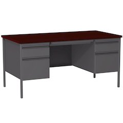 Hirsh Double Pedestal Office Desk Center Drawer 30" Dx60" W, Charcoal/Mahogany