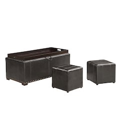 Leather Storage Bench with 2 Side Ottomans, Black