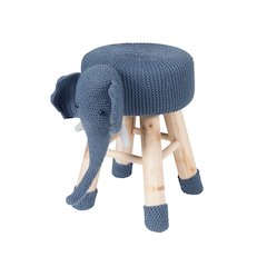 Children's Modern Woven Animal Ottoman Stool with Wooden Legs, Elephant, Blue