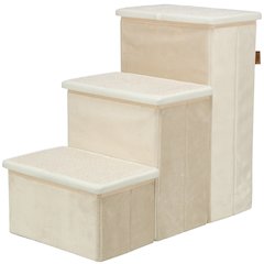 3-Step Foldable Velour Pet Stairs with Storage, Beige