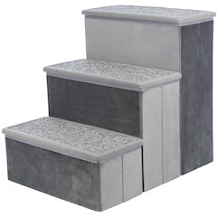 3-Step Foldable Velour Pet Stairs with Storage, Gray