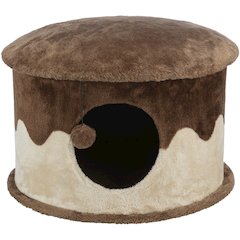 Cozy Plush Cover Indoor Cat Condo with a Cat Toy on String, Brown-Beige