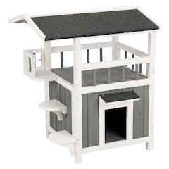 Wooden Outdoor or Indoor Cat House with Shaded Balcony for Small Cats, Gray