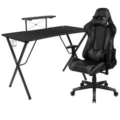 Black Gaming Desk and Gray Reclining Gaming Chair Set with Cup Holder, Headphone Hook, and Monitor/Smartphone Stand