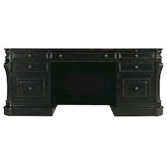 Cherry Veneer Executive Desk, Leather Panels and Nailhead Trim, Black