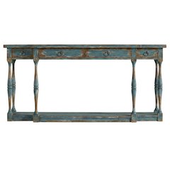 Pecky Pecan Veneer Entryway Console Table with Four Drawers with Storage, Blue
