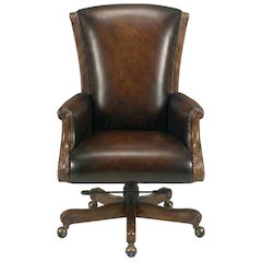 Leather Executive Swivel Chair, Fixed Arms, and Old World Finish, Brown