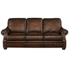 Top-Grain Leather Sofa with Fixed Arms and Dark Walnut Frame, Brown