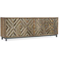 Wood-Door Entertainment Console in Medium Brown w/ Chevron Inlay by Hooker