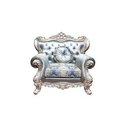 Ariel Champagne and Blue Upholstered Chair with Wooden Accents