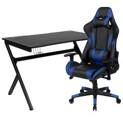 Black Gaming Desk and Blue/Black Reclining Gaming Chair Set with Cup Holder, Headphone Hook & 2 Wire Management Holes